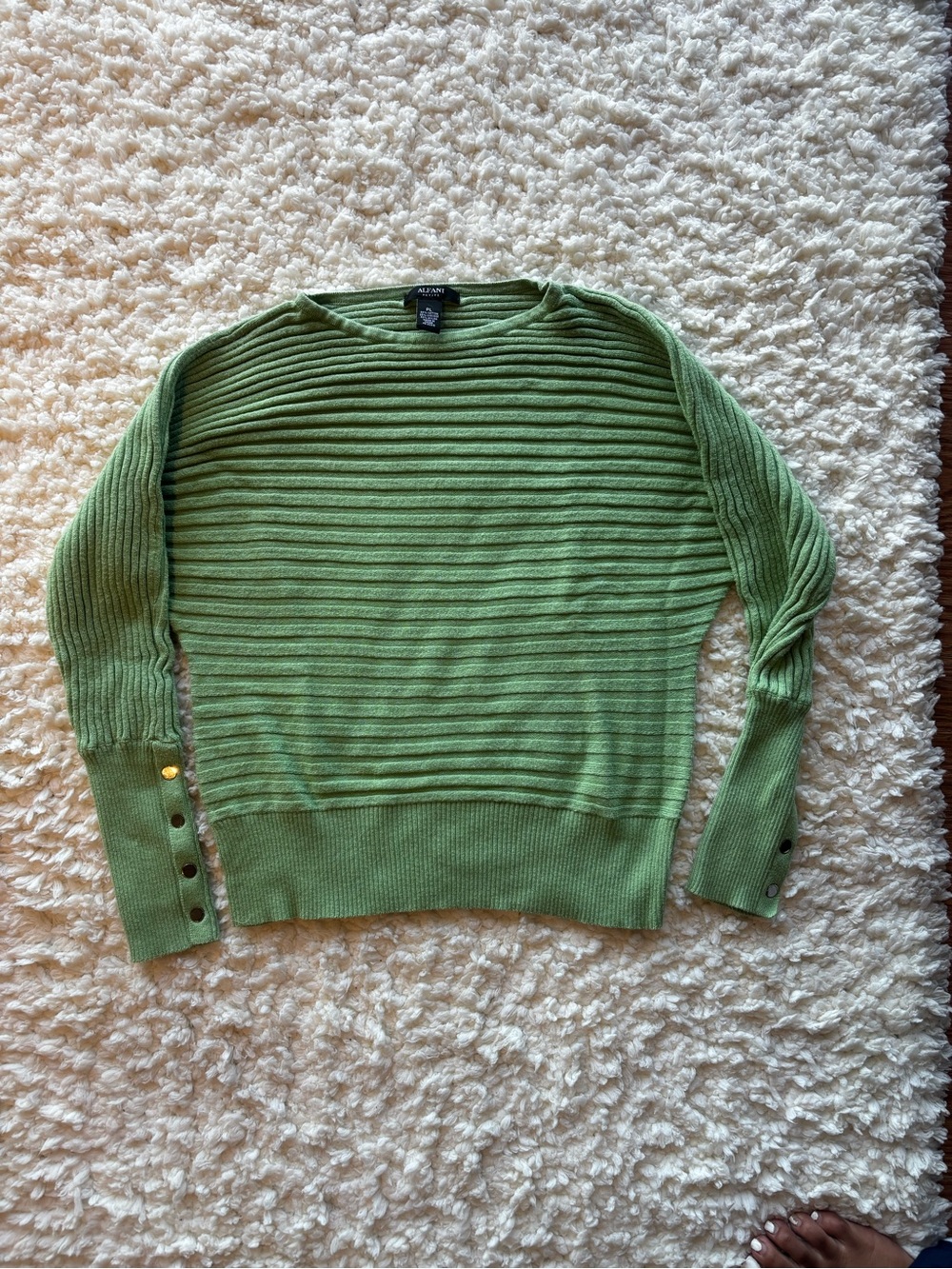 Alfani Light Green Ribbed Crewneck Sweater with Button Cuffs